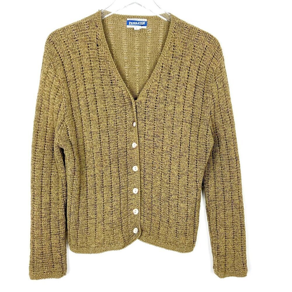 Vintage Pendleton Cardigan Sweater Women's Size L Olive Green Open Knit V-Neck